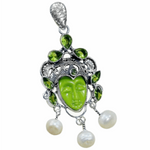 Eye catching Natural Biwa Pearl, Peridot, Carved Face Agate Gemstone 925 Sterling Silver Pendant