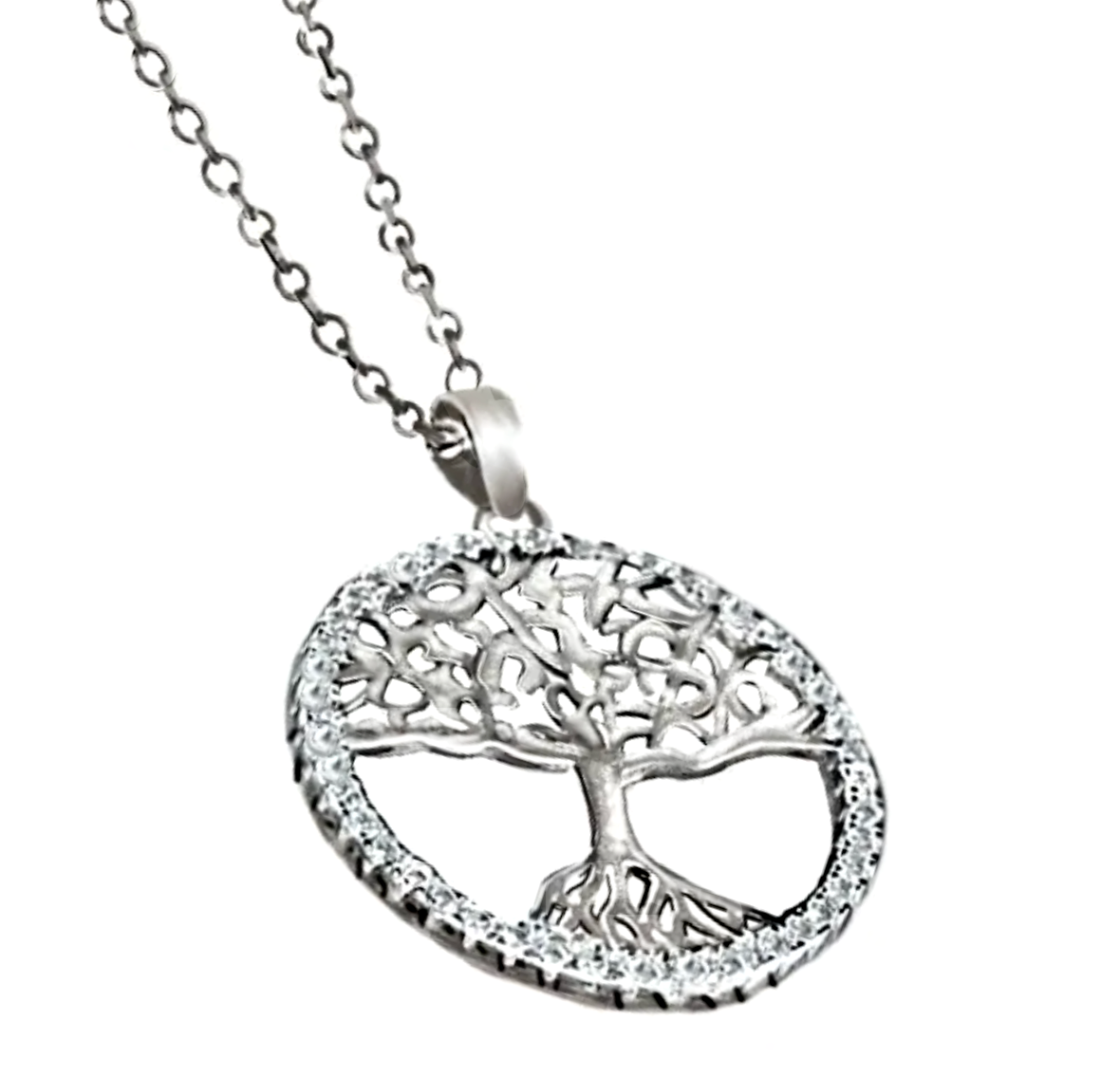 White Cubic Zirconia Tree of Life Solid .925 Sterling Silver, 14K White Gold Necklace