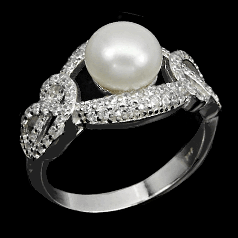 9.78 Cts Natural Creamy White Pearl, AAA Cz Solid .925 Silver Size 7 or O
