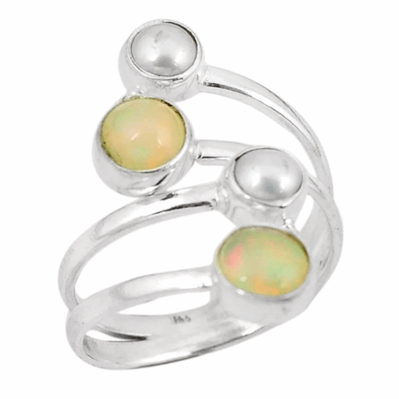 Handmade Ethiopian Fire Opal, White Pearl Gemstone Solid .925 Sterling Ring Size 8 /Q