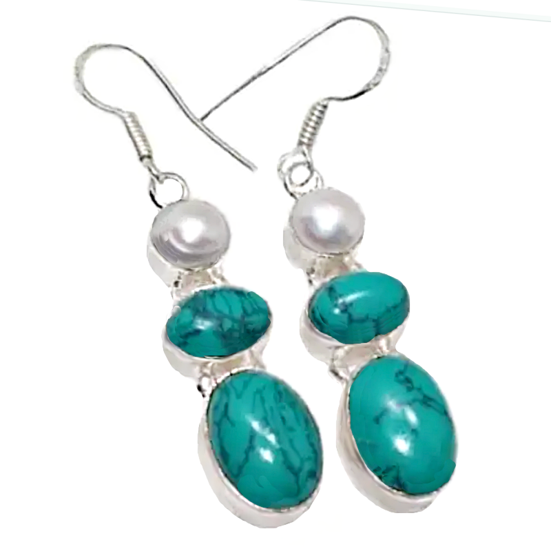 Spiderweb Matrix Turquoise, White River Pearl Gemstone .925 Sterling Silver Earrings