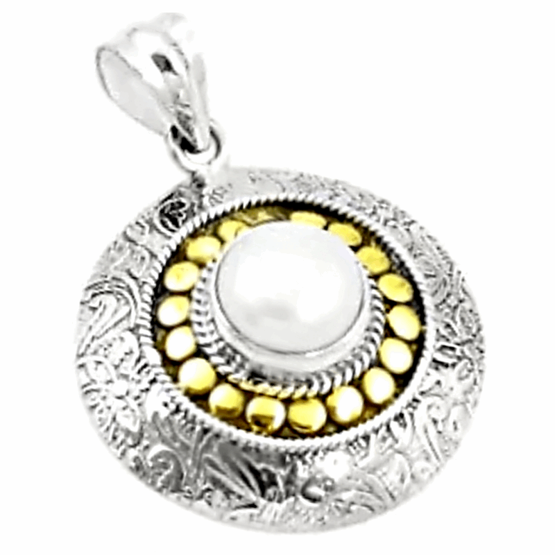 5.53 Ct Natural White Pearl Solid .925 Sterling Silver 14K Gold Pendant