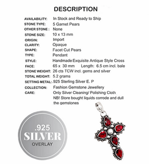 Antique Style Garnet Pear Gemstones .925 Silver Cross Pendant