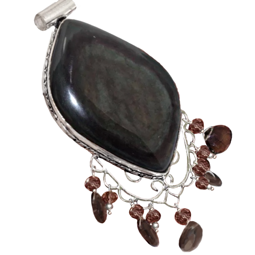 Natural Grey Obsidian, smoky quartz Gemstone .925 Sterling Silver Pendant