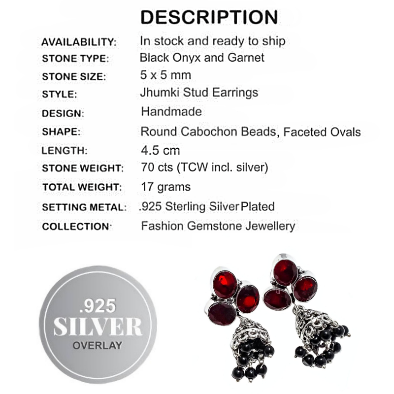 Handmade Natural Black Onyx, Garnet (Jhumki) Gemstone Silver Stud Earrings