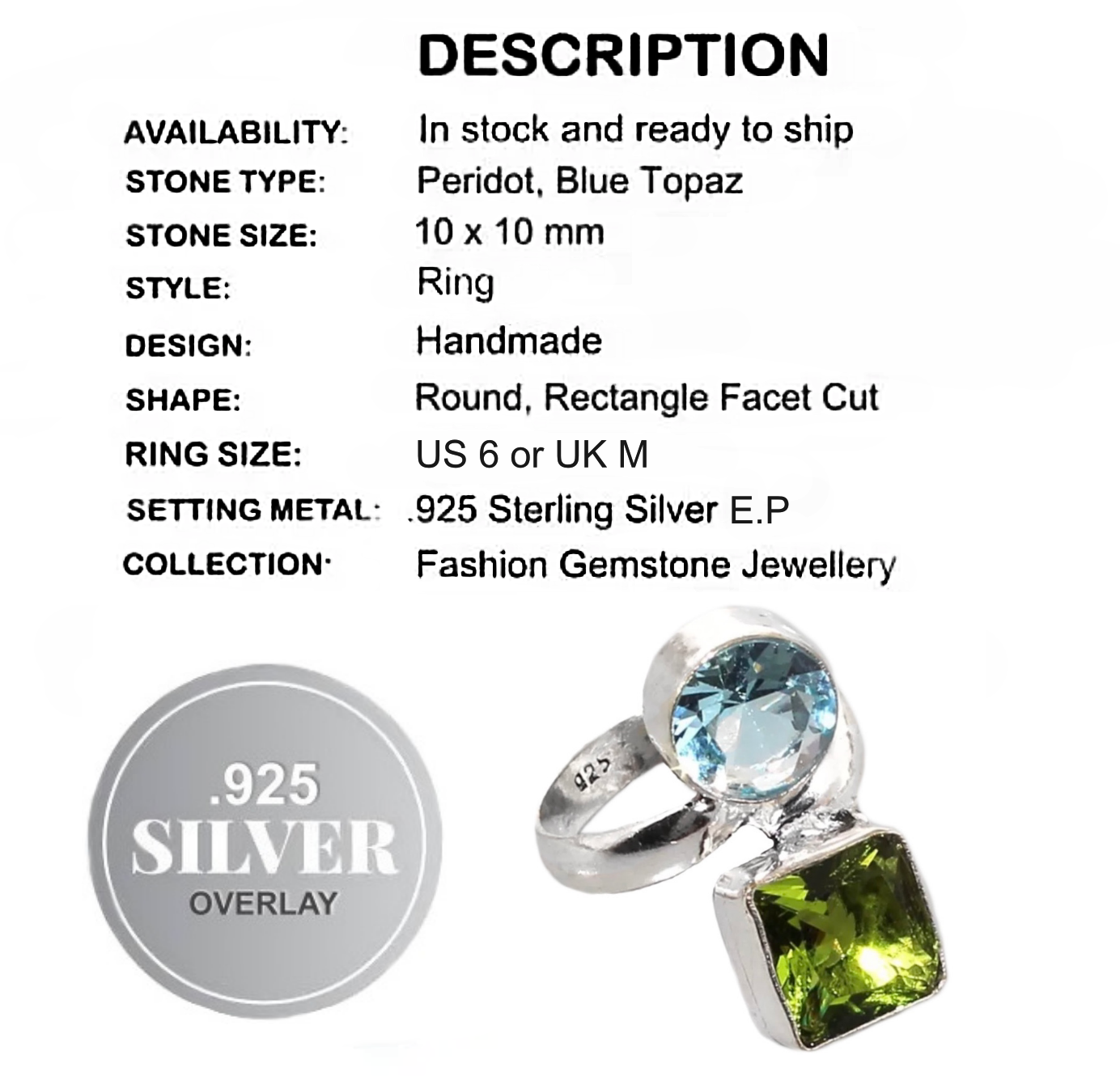 Handmade Peridot and Blue Topaz Gemstone .925 Silver Ring Size US 6 /UK M