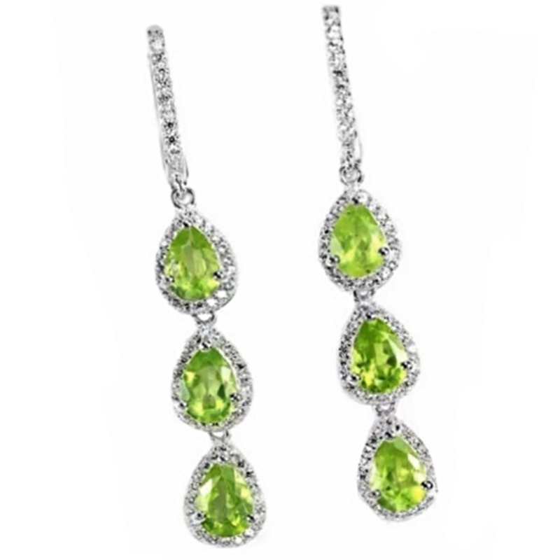 Natural Unheated Peridot, Diamond cut White CZ Gemstone Solid .925 Sterling Silver Earrings