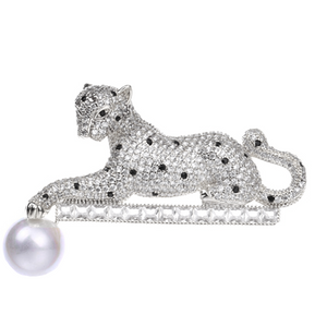 Regal Micro White Zirconia and Pearl Leopard Brooch in Silver or Gold - BELLADONNA