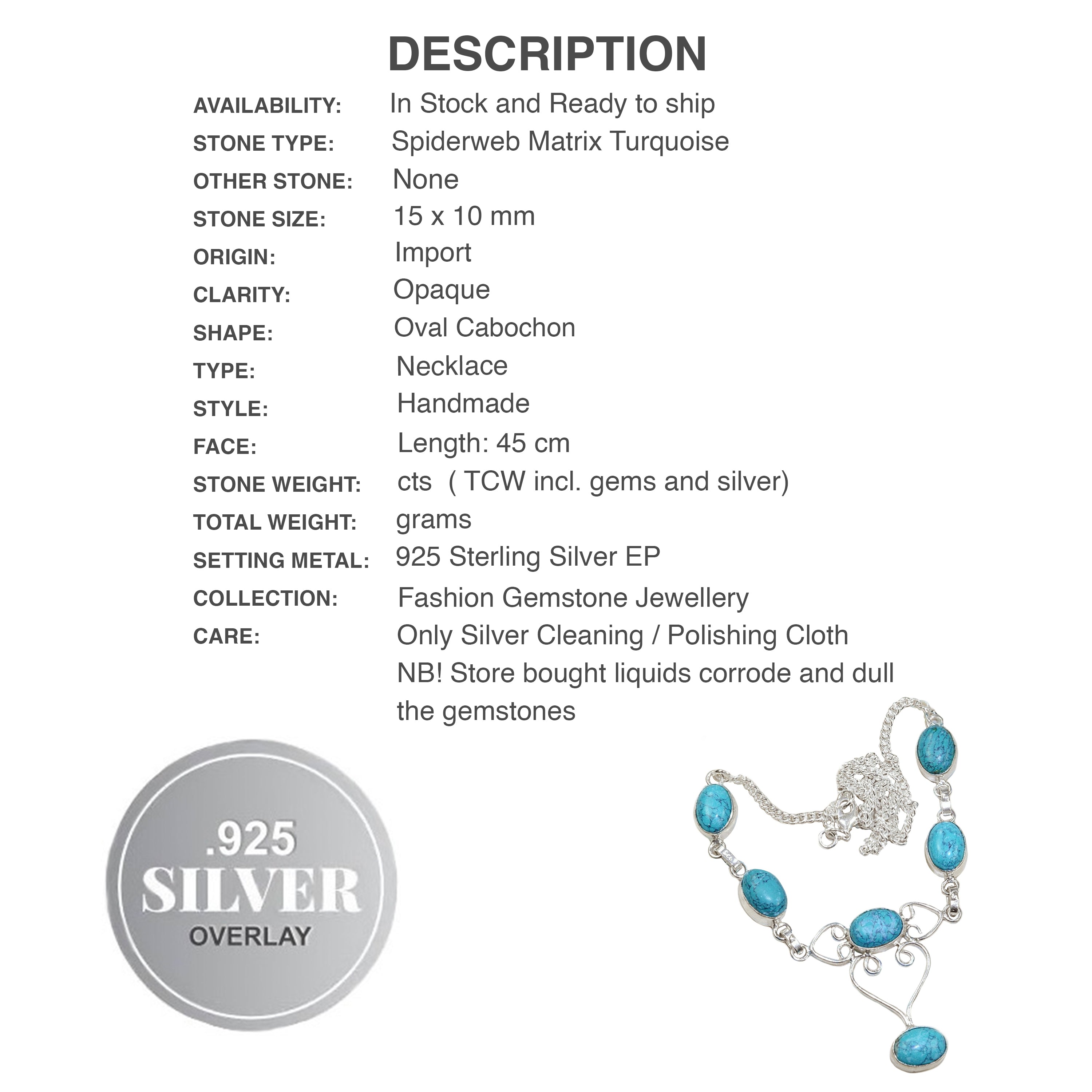 Spider web Matrix Turquoise Gemstone .925 Silver Fashion Necklace