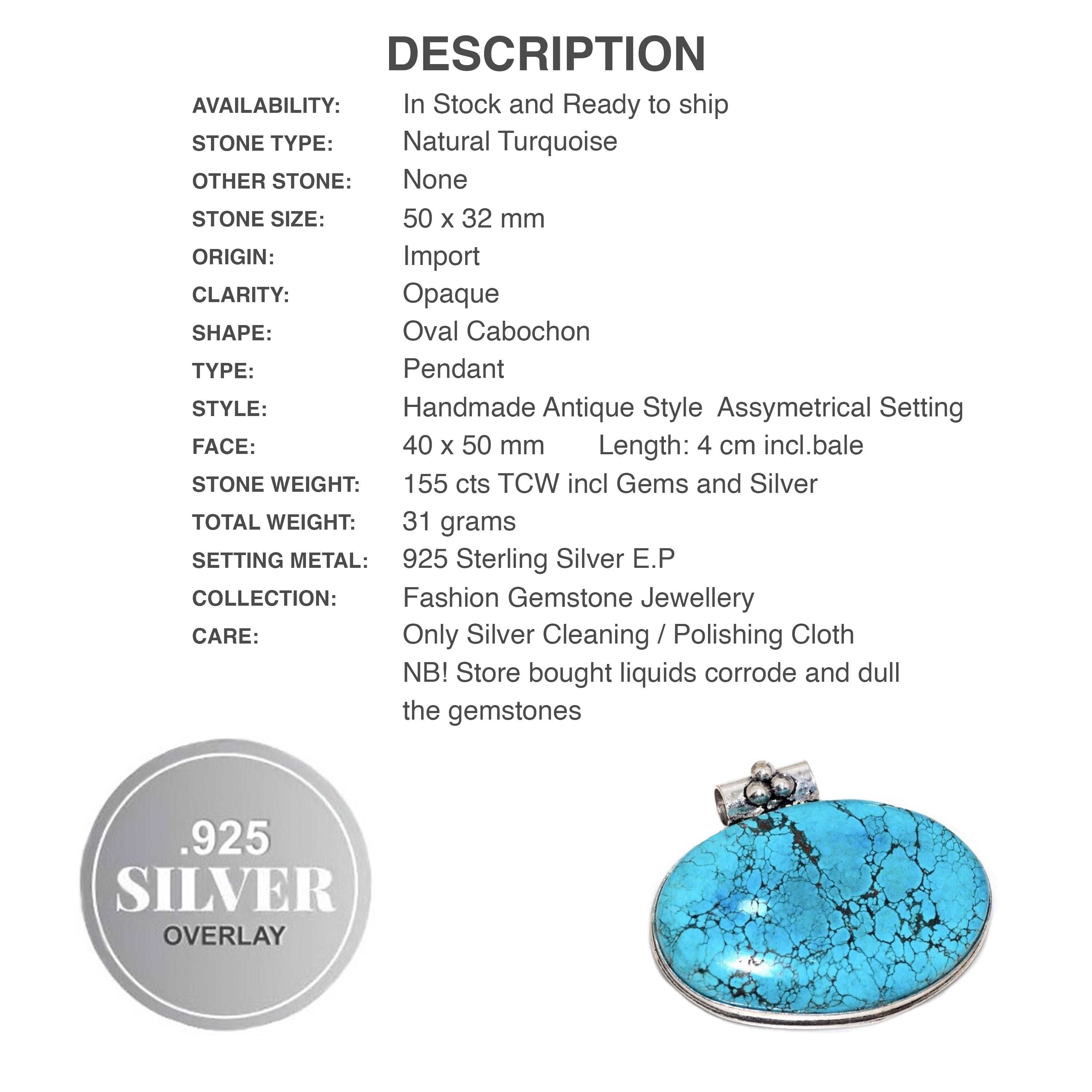 Asymmetrical Handmade Natural Blue Turquoise Gemstone 925  Sterling Silver Pendant - BELLADONNA