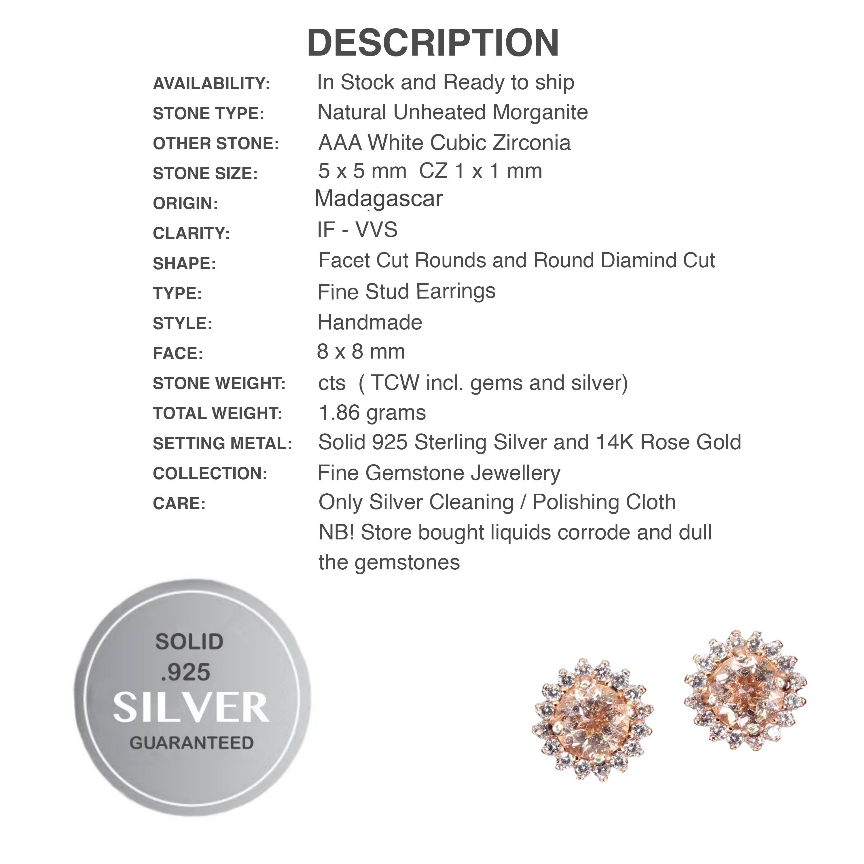 Dainty Natural Unheated Morganite and White Cubic Zirconia Solid .925 Sterling Silver Earrings