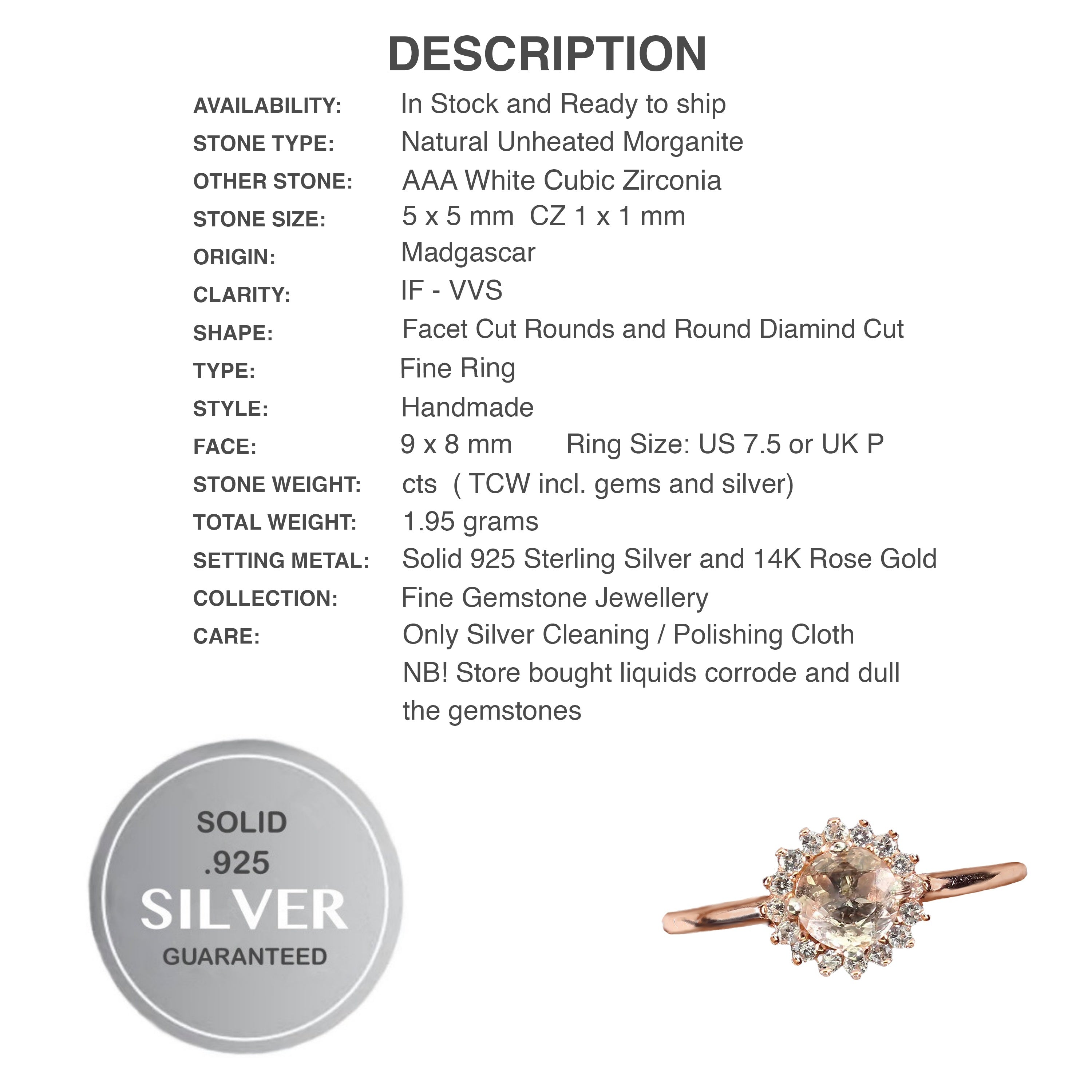 Deluxe Rose Gold Natural Morganite White Cubic Zirconia Solid .925 Sterling Silver Ring Size 7.5