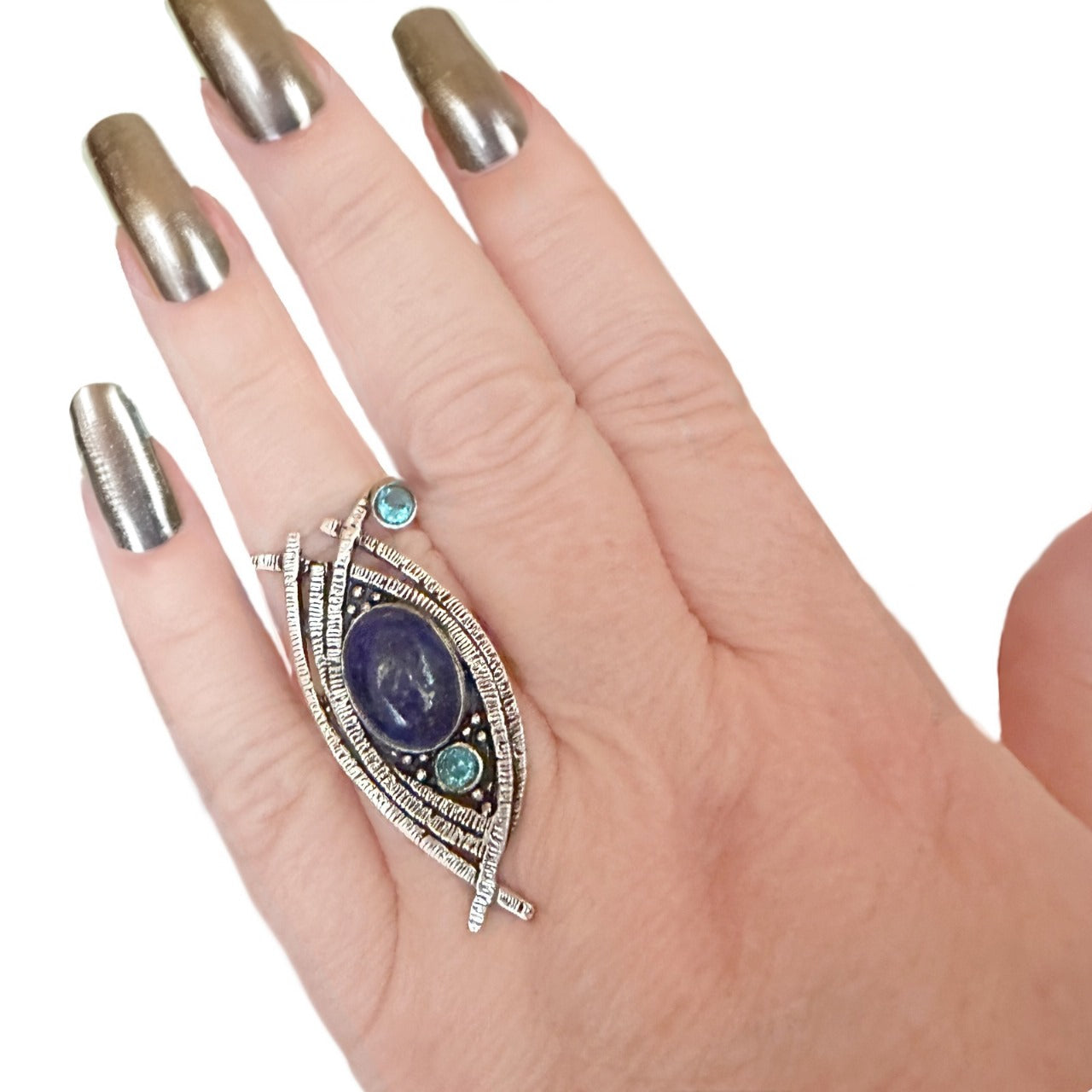 Handmade Arty Natural Lapis Lazuli and Topaz Gemstone .925 Silver Ring Size US 9 or R1/2