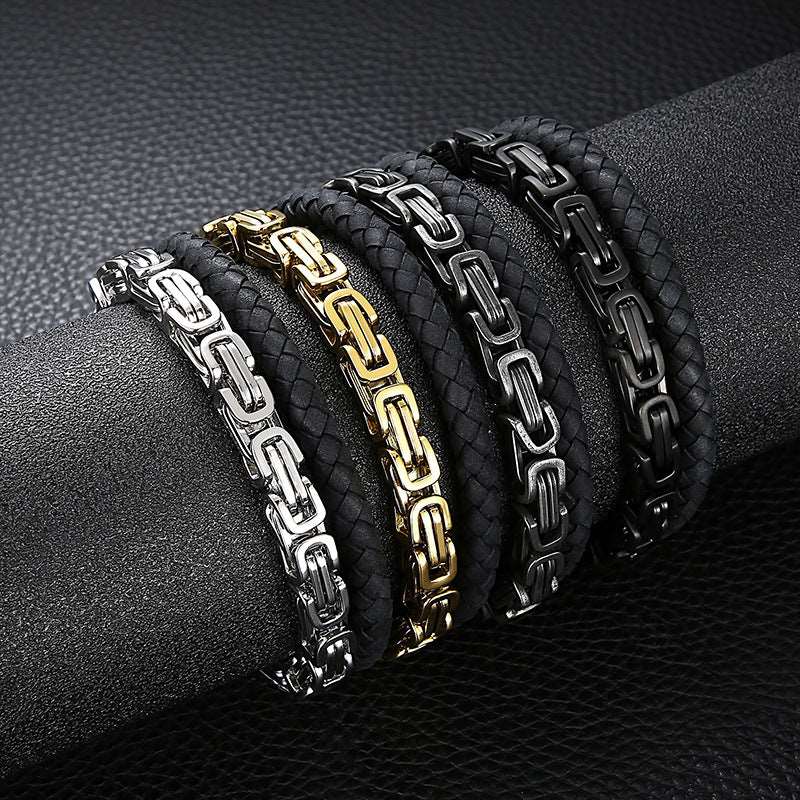 Mens Double Stainless Steel Imperial Chain and Genuine Braided Leather Bracelet - BELLADONNA