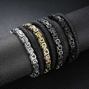 Mens Double Stainless Steel Imperial Chain and Genuine Braided Leather Bracelet - BELLADONNA