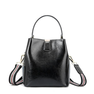 Trendy Womens Genuine Wax Cowhide Leather Bucket Handbag In Black, White or Tan - BELLADONNA