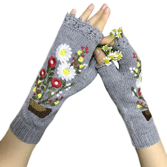 Winter Warm Floral Knitted Crochet and Machine Embroidered Fingerless Gloves - BELLADONNA