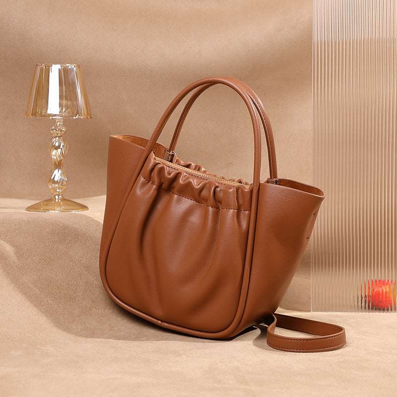 Women's New Genuine Leather Niche Design Pleated Messenger Bag in Black, Brown and Golden Brown - BELLADONNA