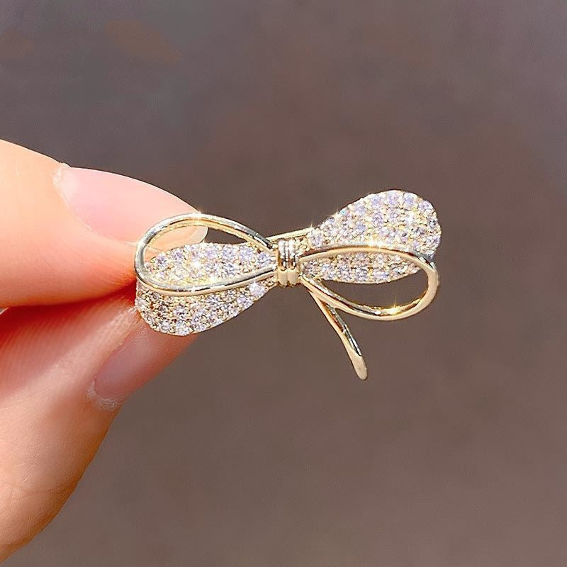 Trendy Dainty White Cubic Zirconia Bowknot Gold Brooch  for Clothing, Scarf or Pashmina - BELLADONNA
