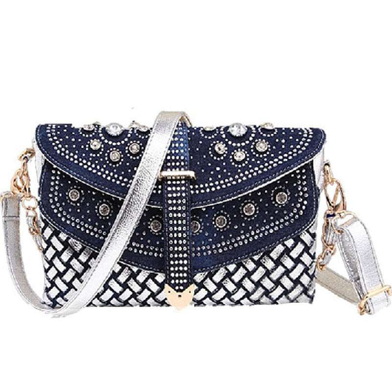 Modern Fashion Denim Embellished with Diamatè and Silver PU Leather One-shoulder Crossbody Handbag