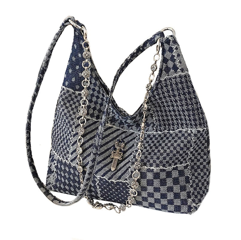 Versatile Personality Patch Denim Fashion Shoulder Handbag - BELLADONNA