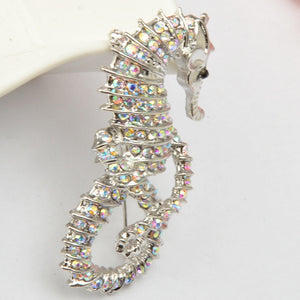 Ocean Series Iridescent AB Diamond Crystal Seahorse Silver Brooch - BELLADONNA