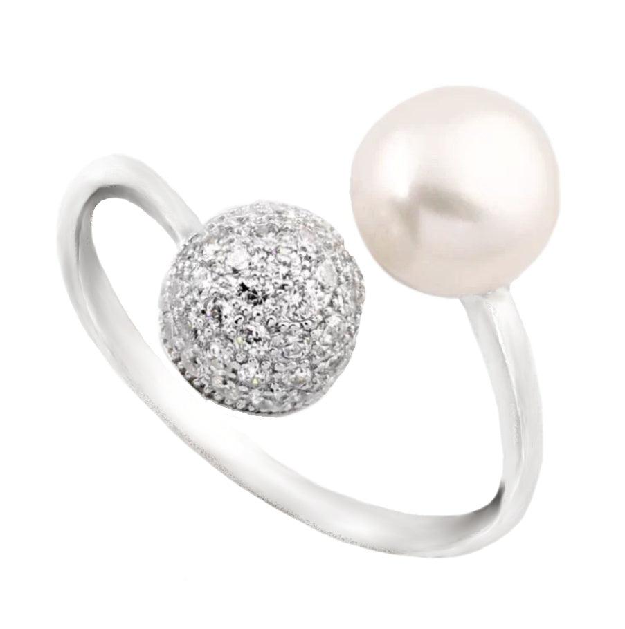 Natural Creamy White Pearl and White Topaz in Solid .925 Sterling Silver Adjustable Ring