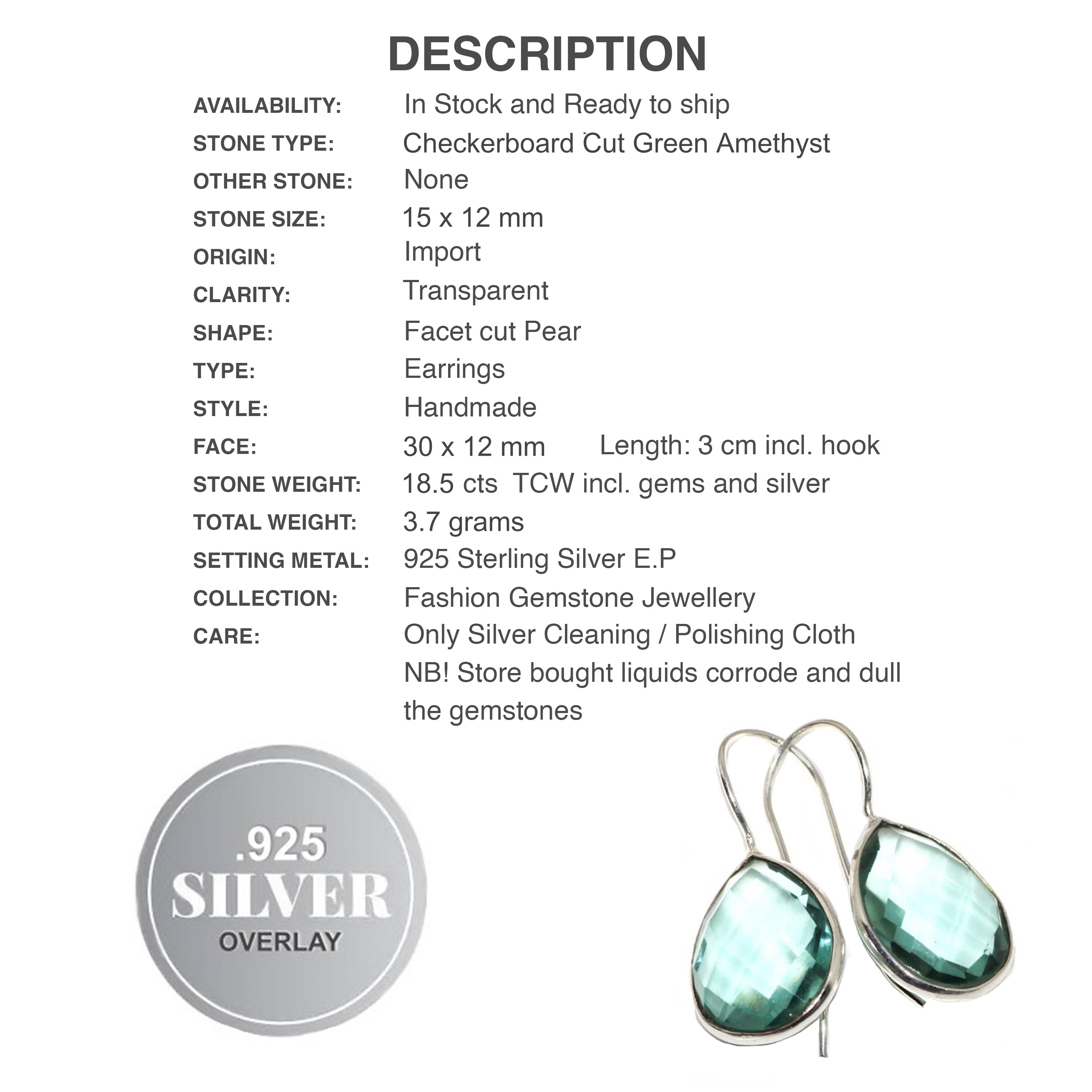 Handmade Green Amethyst Pear Shape Gemstone .925 Sterling Silver Earrings - BELLADONNA