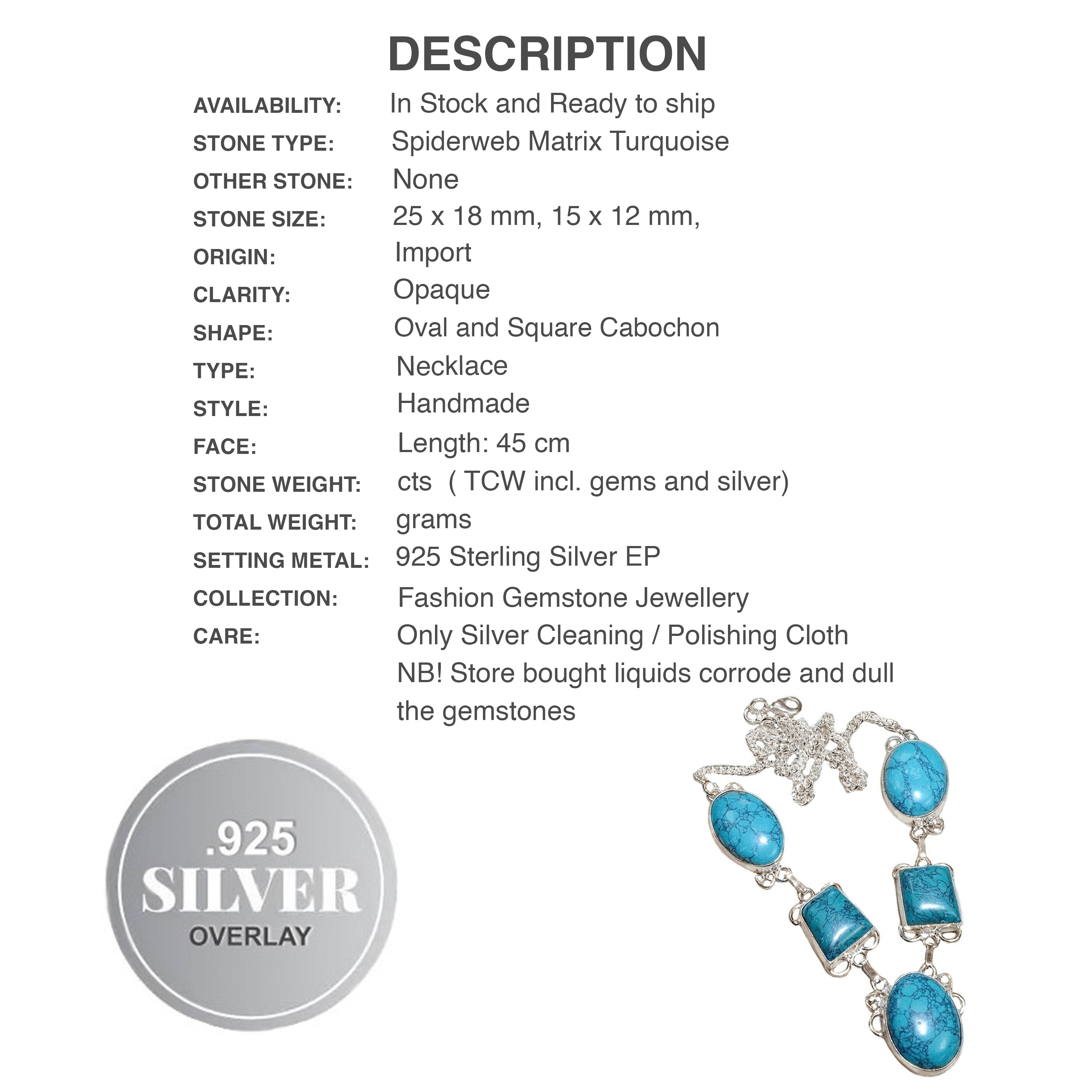 Spiderweb Matrix Turquoise Gemstone .925 Silver Fashion Necklace