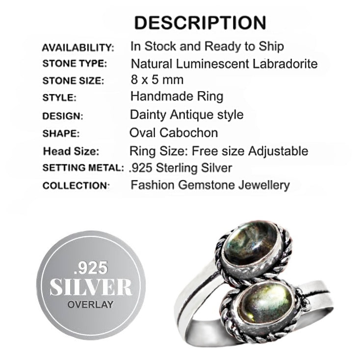 Natural Luminescent Labradorite Gemstone .925 Silver Ring Adjustable Free Size