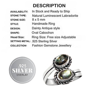 Natural Luminescent Labradorite Gemstone .925 Silver Ring Adjustable Free Size