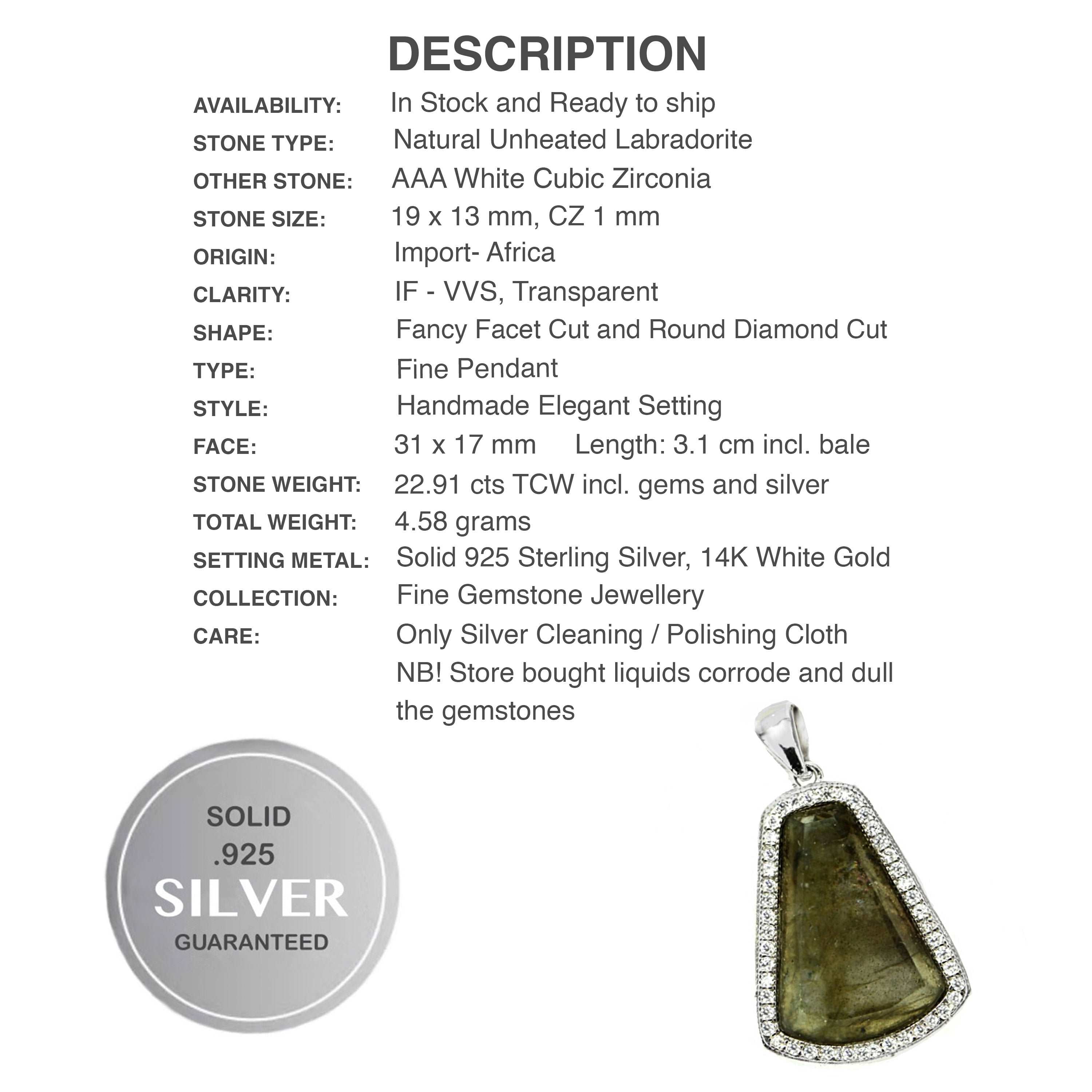 Rare Deluxe Natural Unheated Labradorite AAA White CZ Solid .925 Silver 14K White Gold Pendant