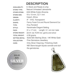 Rare Deluxe Natural Unheated Labradorite AAA White CZ Solid .925 Silver 14K White Gold Pendant