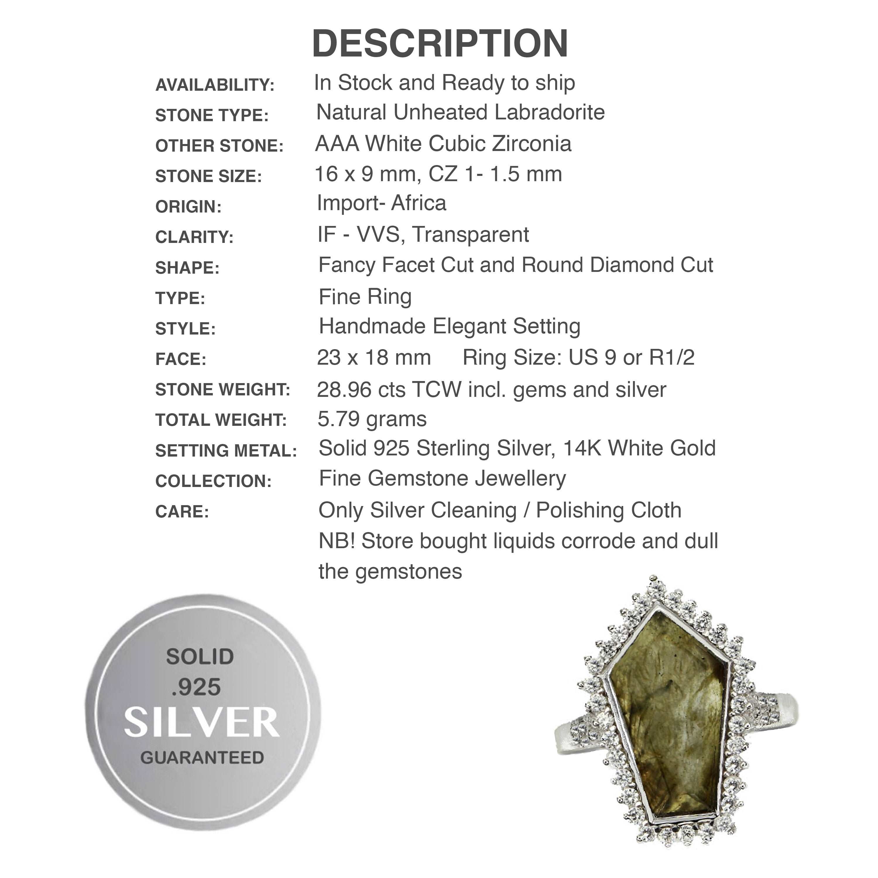 Rare Deluxe Natural Unheated Labradorite AAA White CZ Solid .925 Silver 14K White Gold Ring Size US 9 or R1/2