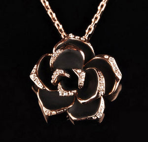 Beautiful Black Rose With White Cubic Zirconia Accents Set in 18K Necklace - BELLADONNA