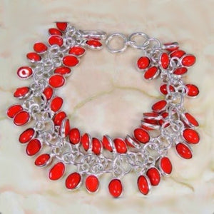 Vibrant Red Coral Gemstone .925 S/Silver Cluster Bracelet - BELLADONNA