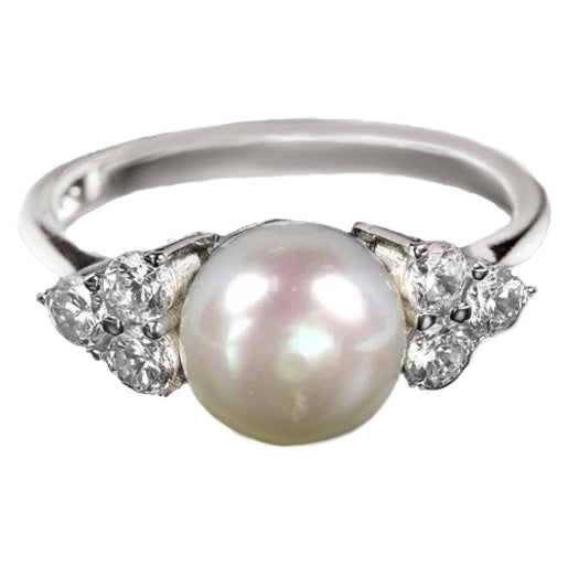Natural Unheated White Pearl, White Cz Solid .925 Silver Size US 6 or M - BELLADONNA