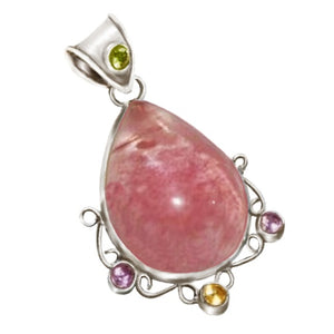 Natural Argentina Rhodochrosite and Mixed Gems In Solid .925 Sterling Silver + Free Chain - BELLADONNA