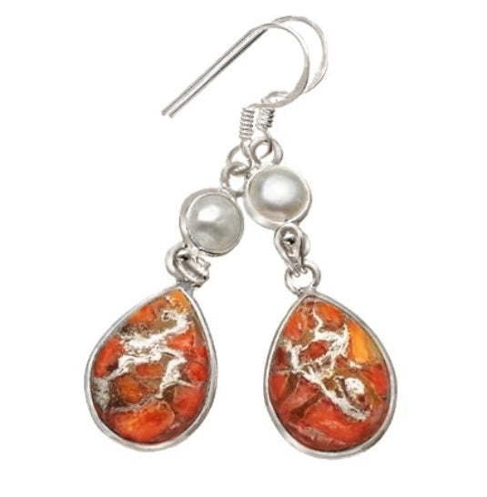 Natural Arizona Red Copper Turquoise and Pearl Earrings in Solid .925 Sterling Silver - BELLADONNA