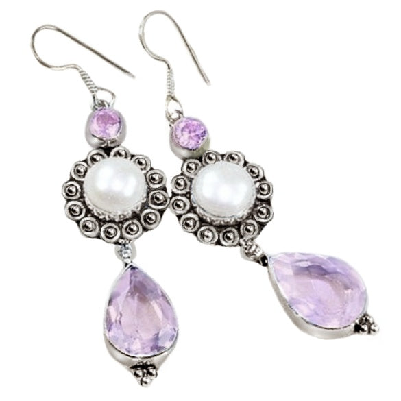 Faceted Pastel Pink Topaz, River Pearl Gemstone .925 Silver Earrings - BELLADONNA