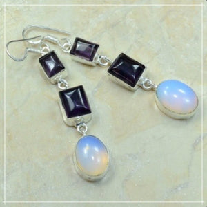 Natural Long Purple Amethyst, Opalite .925 Sterling Silver Earrings - BELLADONNA