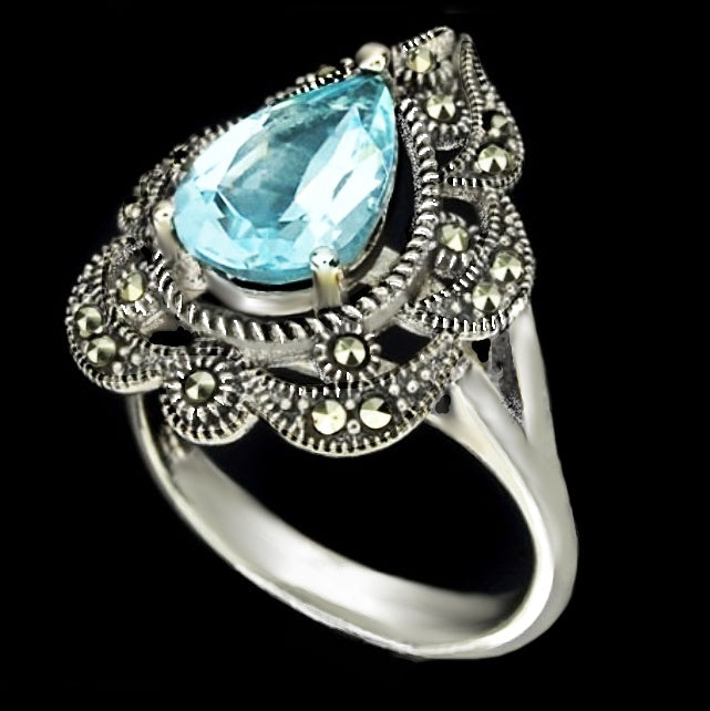Natural Pear Shape Sky Blue Topaz Gemstone Solid .925 Sterling Silver Ring Size 7 - BELLADONNA