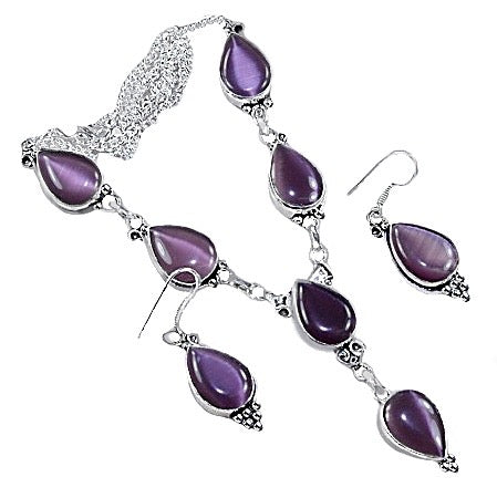 Charming Cats Eye .925 Silver Necklace And Earrings Set - BELLADONNA