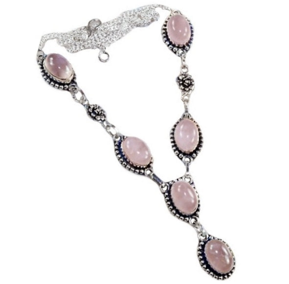 Rose Accent Feminine Pink Rose Quartz Necklace .925 Sterling Silver - BELLADONNA