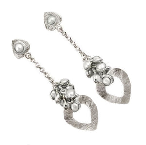 9.62 Cts Natural White Pearl and Textured Heart Drop Dangle Solid .925 Sterling Silver Fine Earrings - BELLADONNA