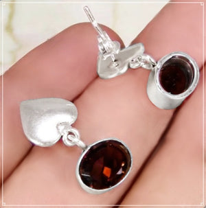 Handmade Smoky Quartz Oval Gemstone .925 Silver Heart Stud Earrings - BELLADONNA