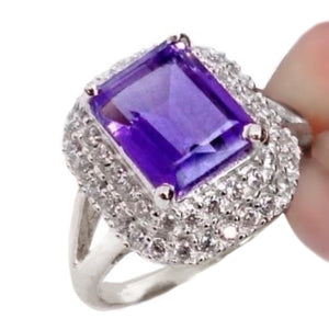 27.5 cts Natural Emerald Cut Purple Amethyst, White Topaz Set in Solid .925 Silver Ring Size US 8.25 - BELLADONNA