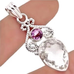13.84 Cts Natural Purple Amethyst, White Topaz Pendant .925 Solid Sterling Silver - BELLADONNA