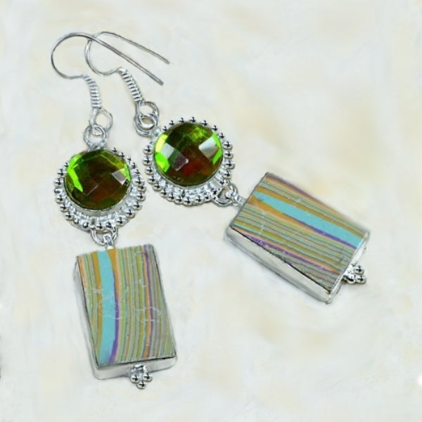 Stunning Rainbow Topaz, Mosaic Jasper Gemstone .925 Silver Earrings - BELLADONNA
