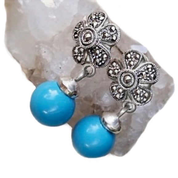 Natural Sleeping Beauty Turquoise Gemstone Solid .925 Sterling Silver Marcasite Earrings - BELLADONNA